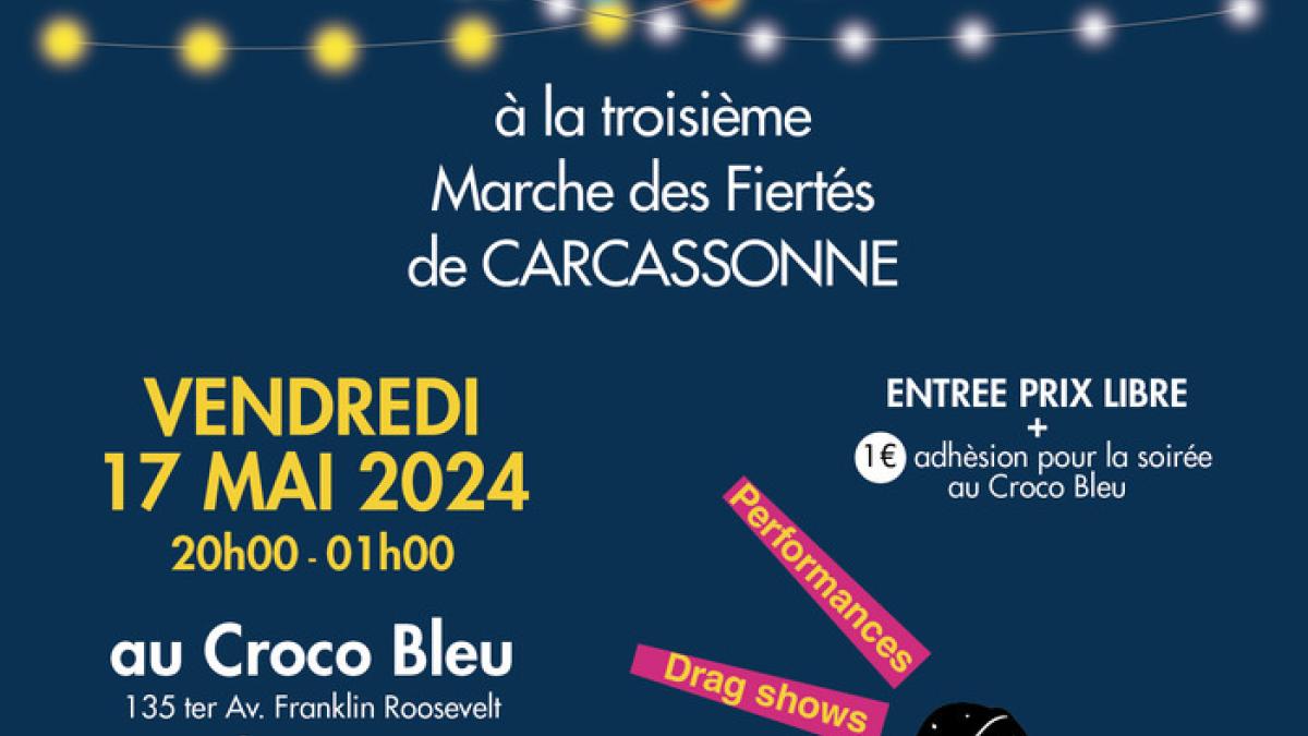 Visuel pailleté de la soirée de soutien du 17 mai 2024 à la 3ème Marche des Fiertés de Carcassonne.